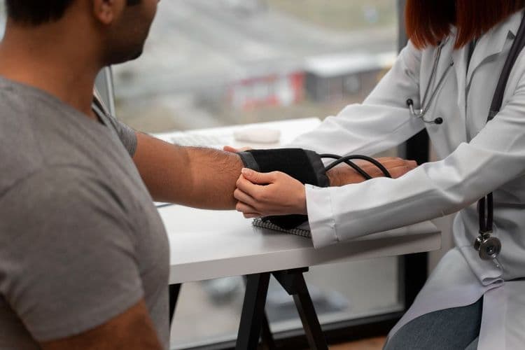 Bluecrest employee taking man's blood pressure.